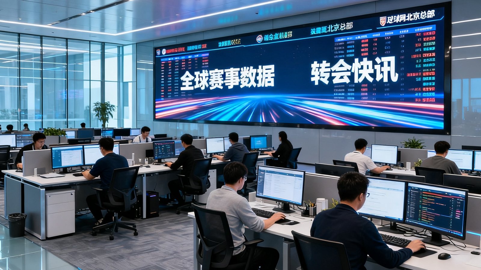 球迷网北京总部开放式办公区全景，数十名编辑和数据分析师在工位上专注工作，墙面巨型屏幕实时滚动显示全球赛事数据和转会快讯，现代科技感办公环境