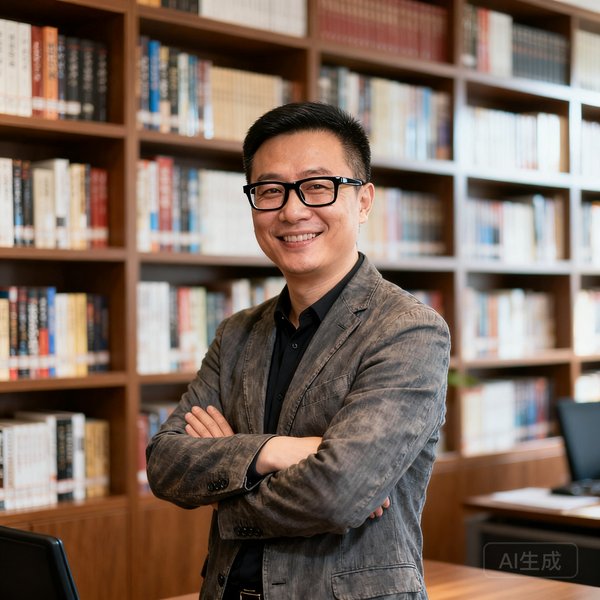 球迷网联合创始人陈海涛，前体坛周报资深记者，40多岁成熟稳重，戴黑框眼镜，穿着休闲西装在办公室书架前双臂交叉微笑站立
